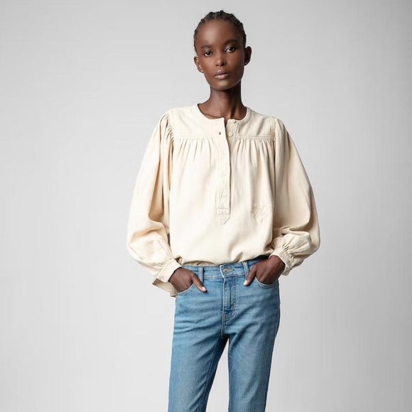 Zadig & Volatiare Tigy Cotton Twill Blouse Top Solid Cotton Bohemianm L - Picture 1 of 7